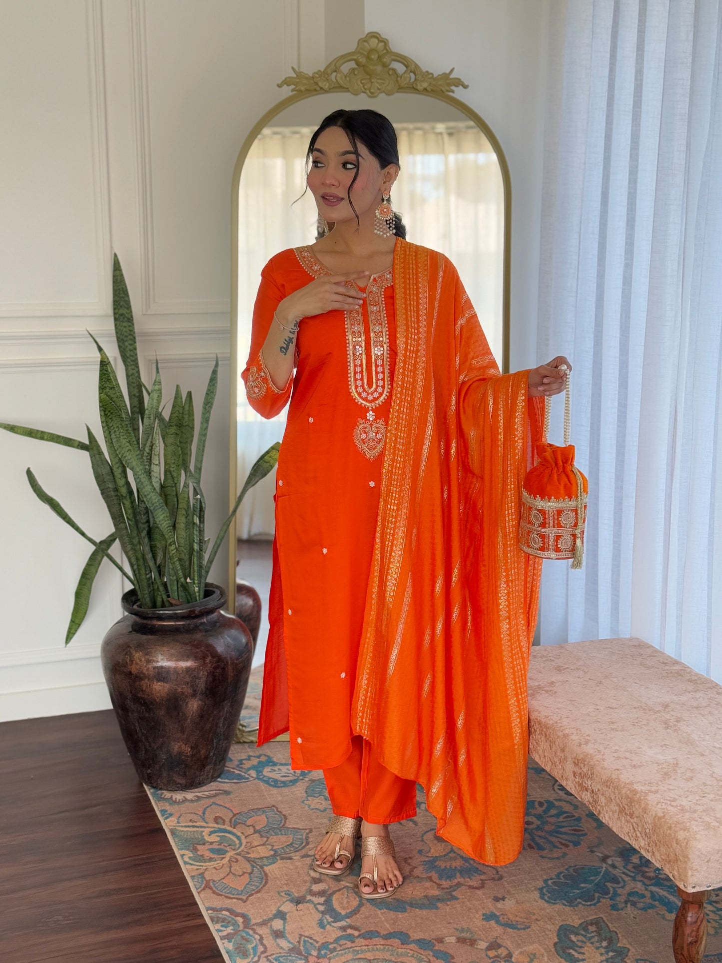 Sitara – Fiery Orange Mirror Embroidered Kurta Set
