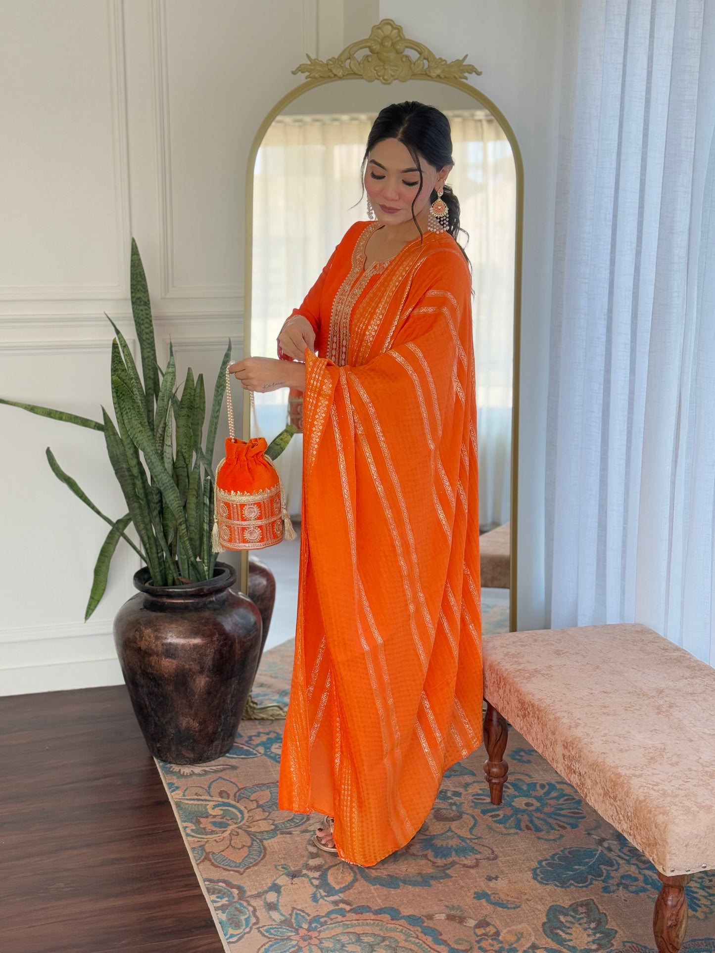 Sitara – Fiery Orange Mirror Embroidered Kurta Set