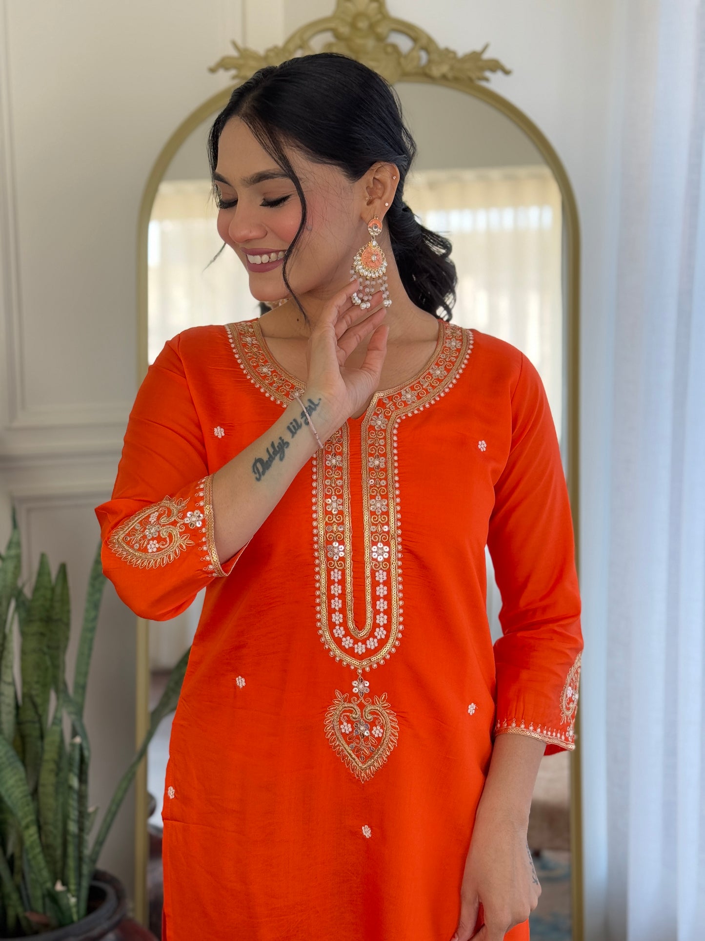 Sitara – Fiery Orange Mirror Embroidered Kurta Set