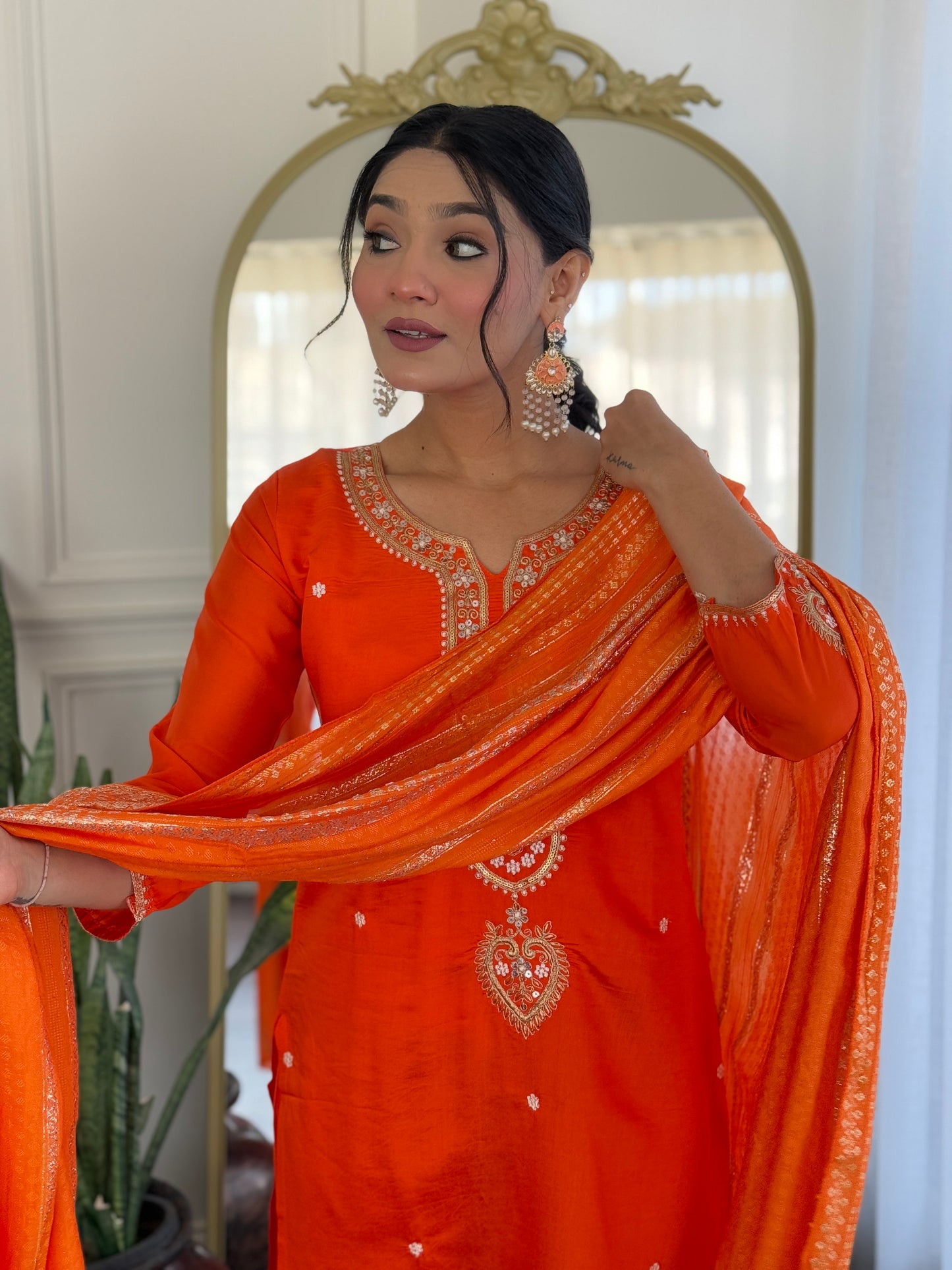 Sitara – Fiery Orange Mirror Embroidered Kurta Set
