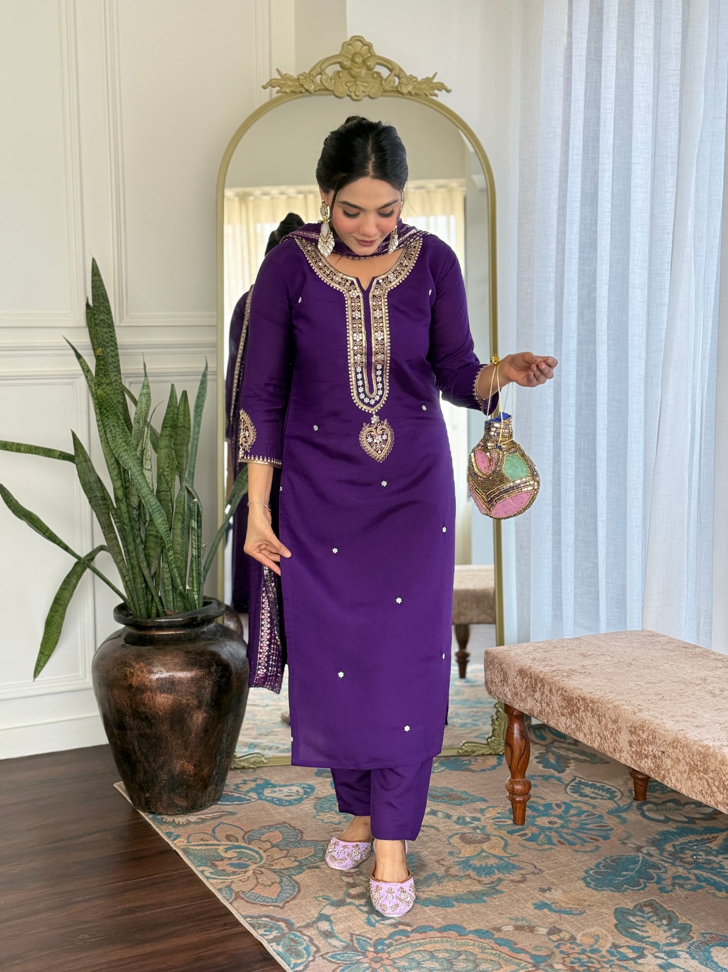 Noor – Royal Purple Mirror Embroidered Kurta Set