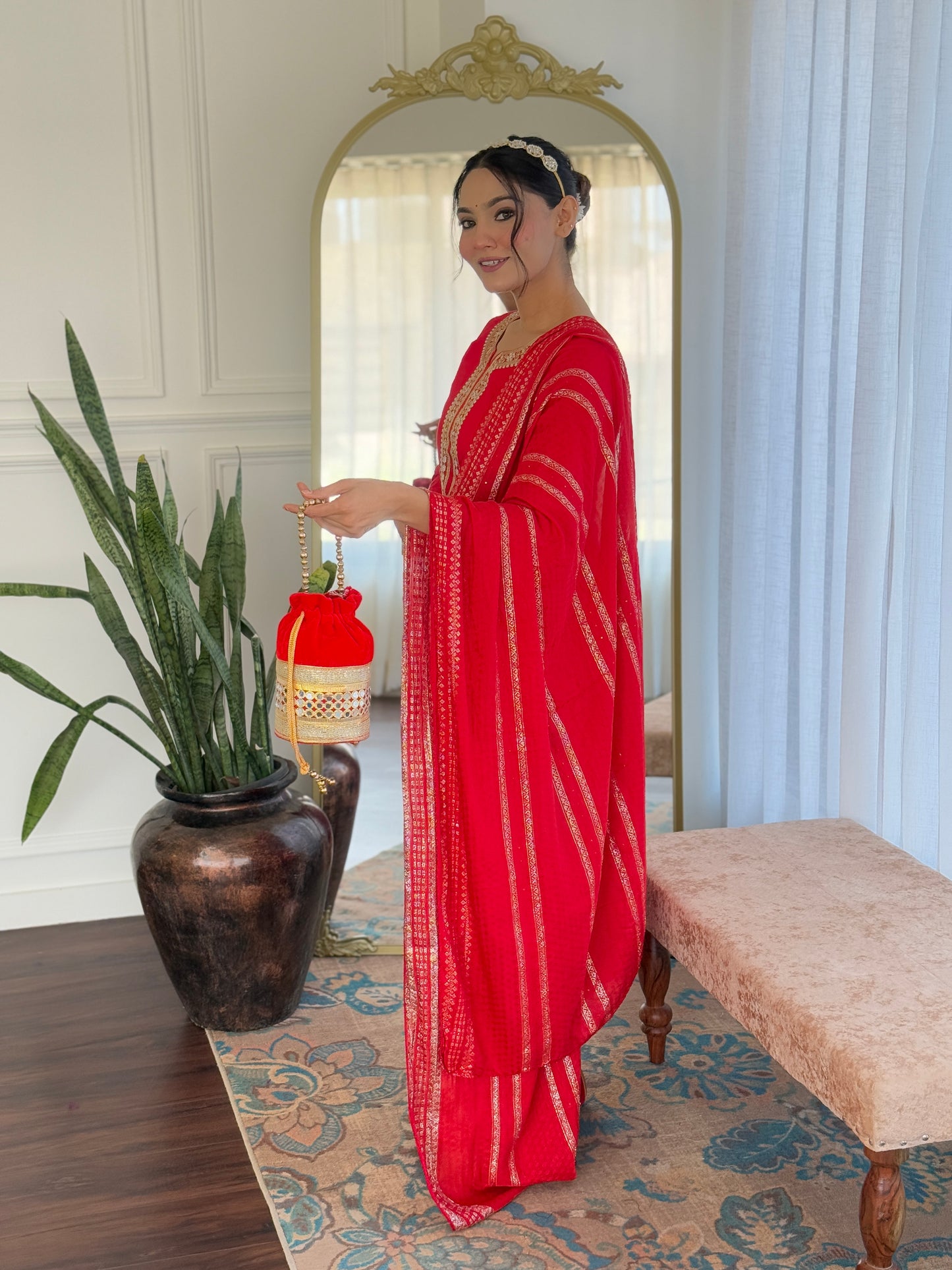 Zehra – Radiant Red Mirror Embroidered Kurta Set