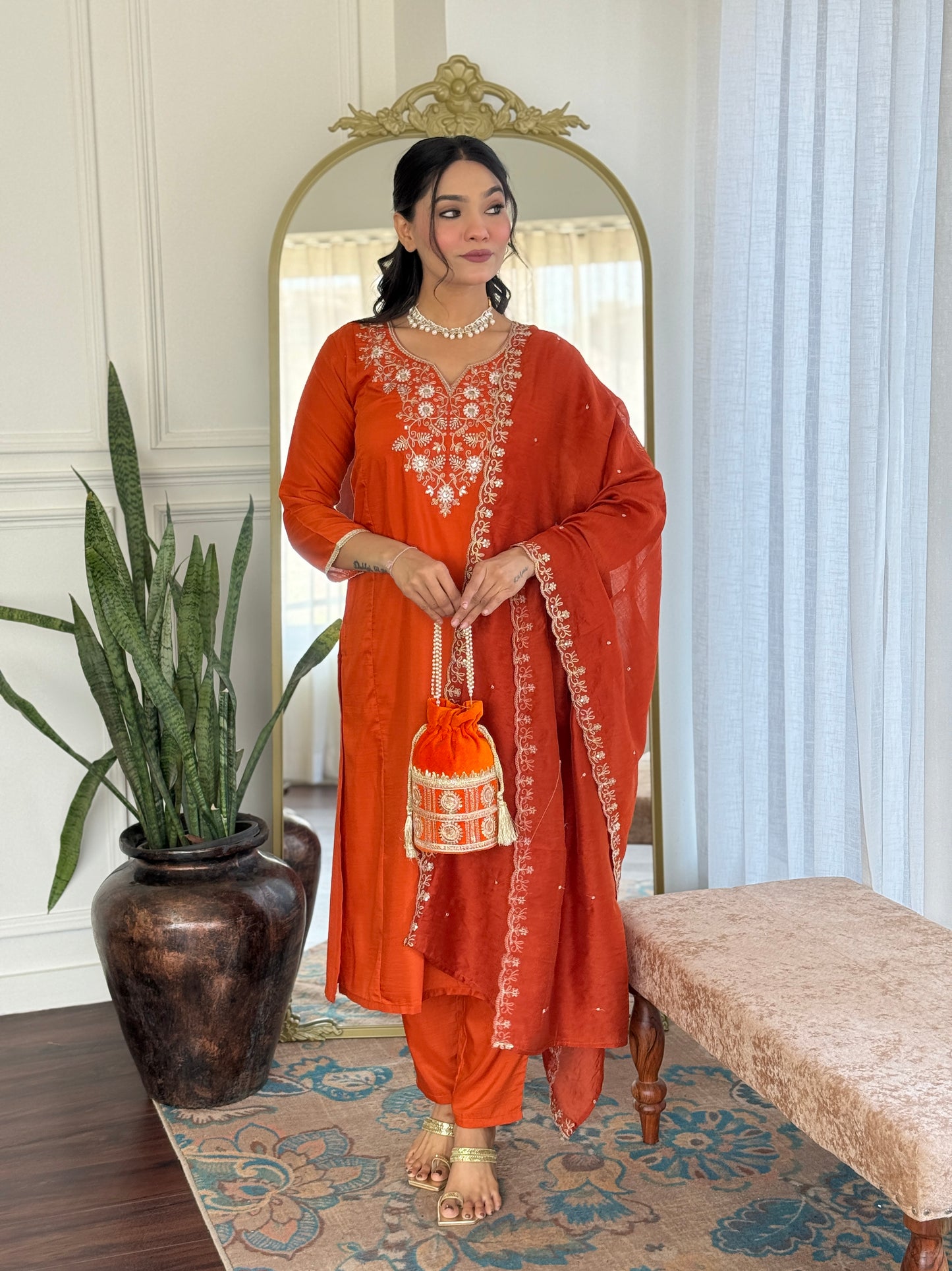 Zehra Rust Orange Embroidered Festive Suit Set