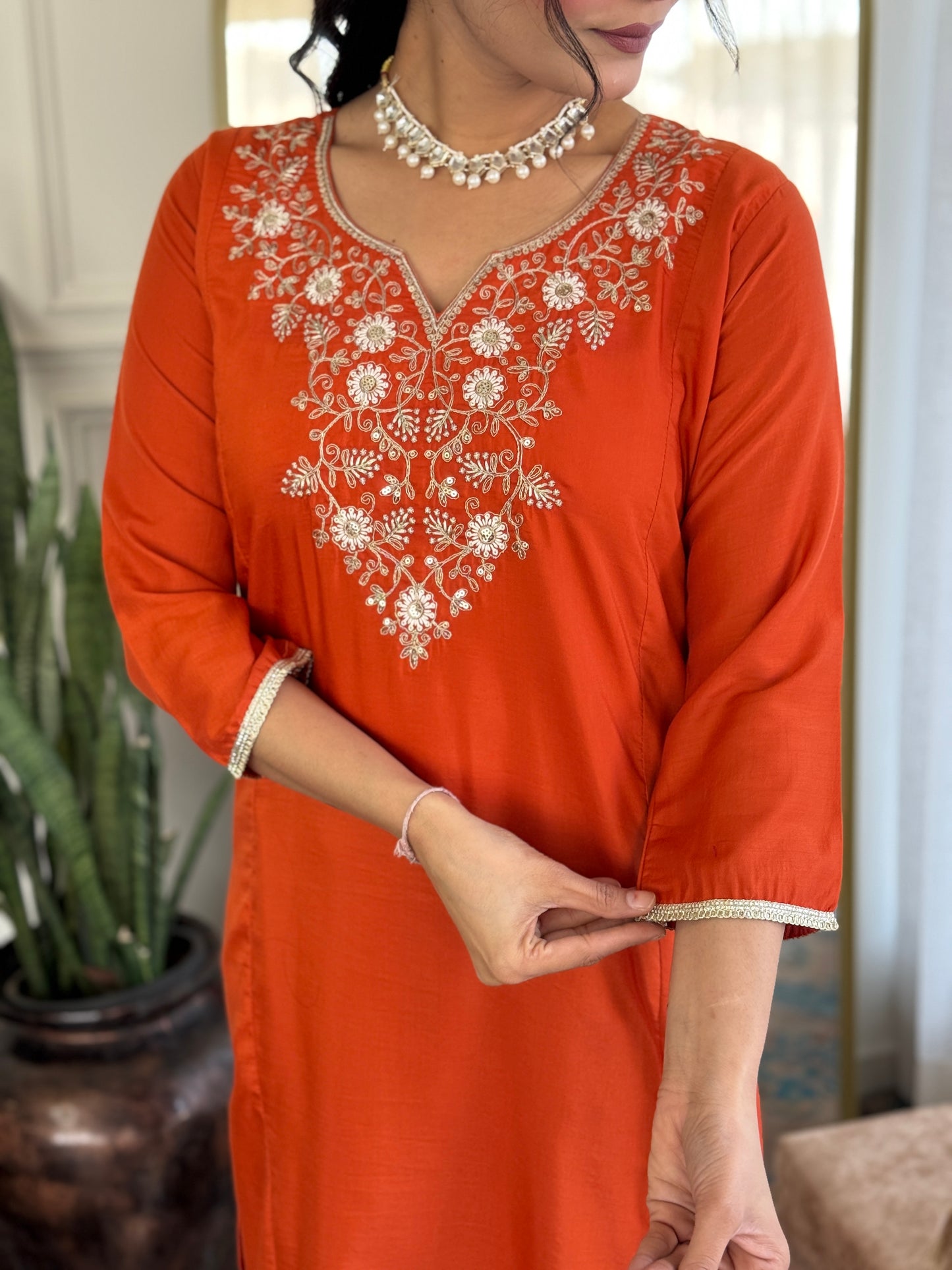 Zehra Rust Orange Embroidered Festive Suit Set