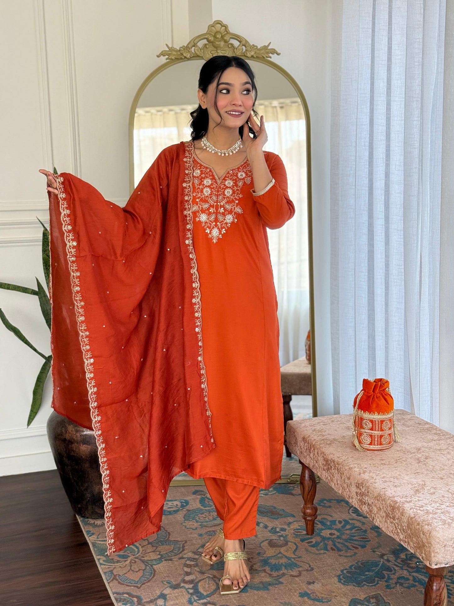 Zehra Rust Orange Embroidered Festive Suit Set