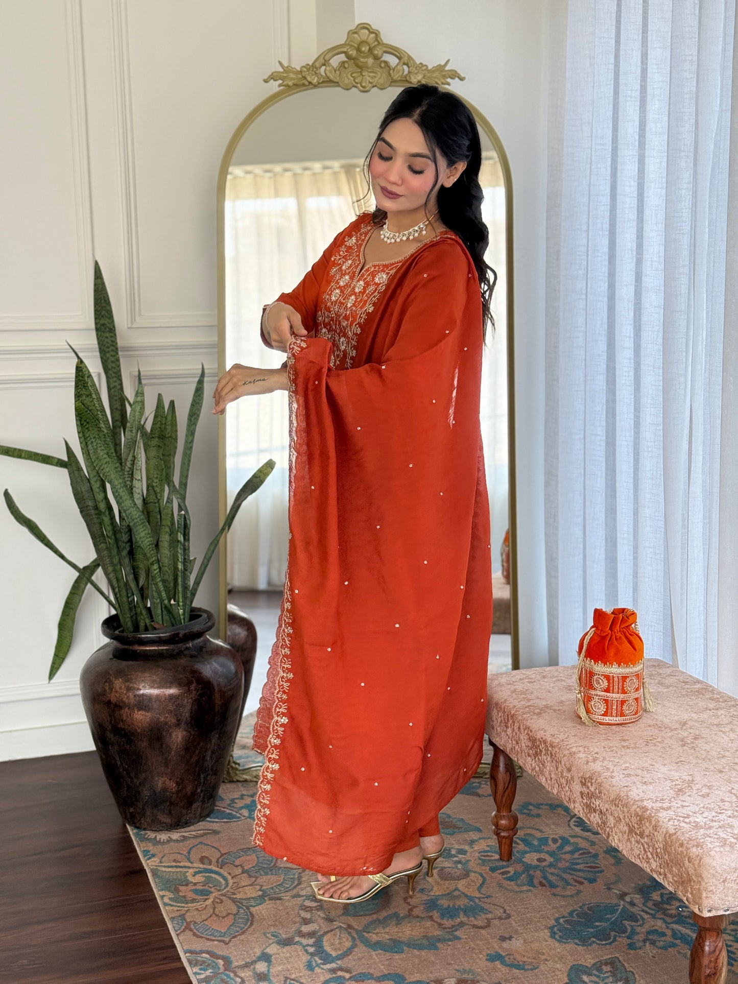 Zehra Rust Orange Embroidered Festive Suit Set