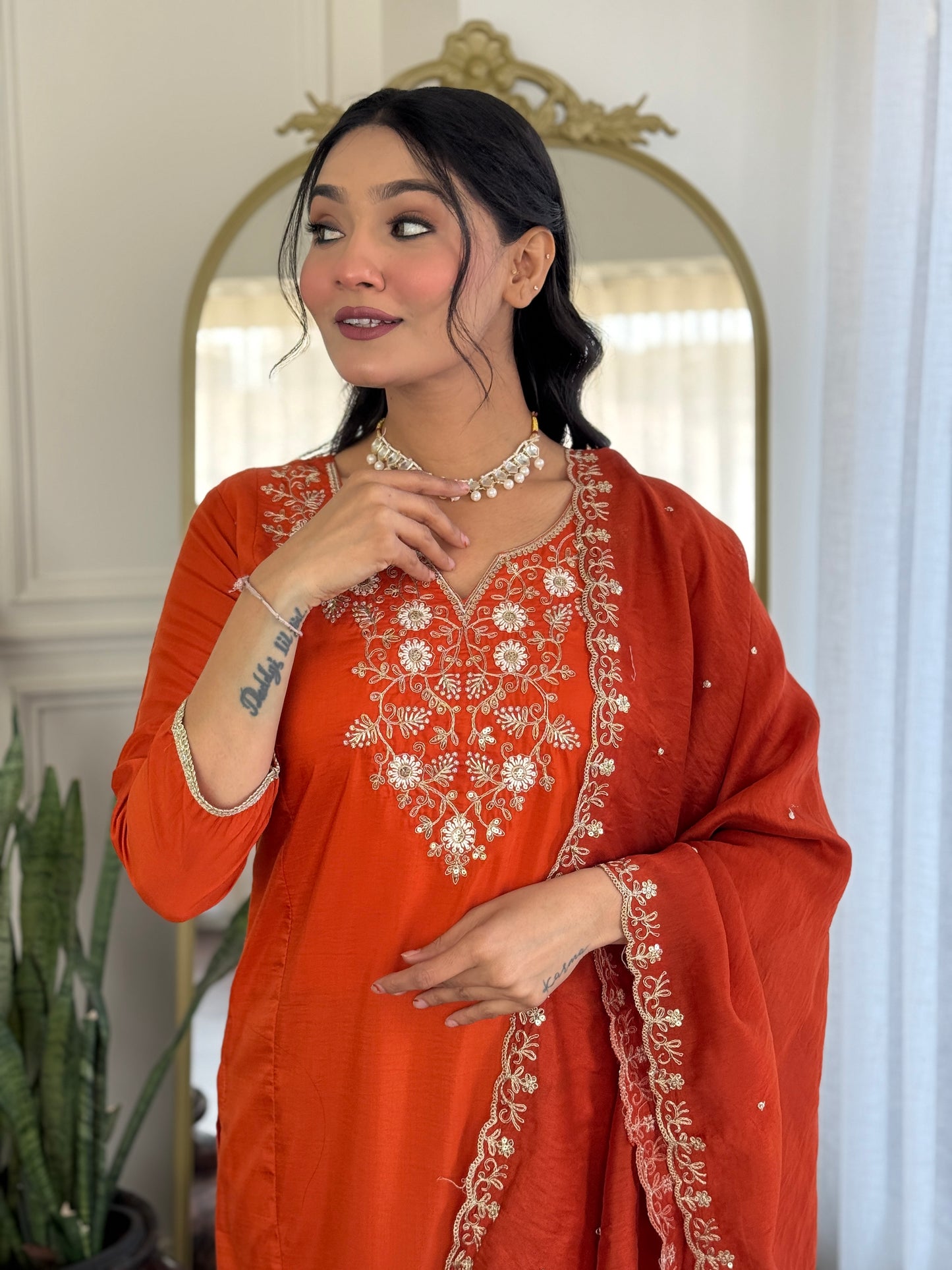 Zehra Rust Orange Embroidered Festive Suit Set