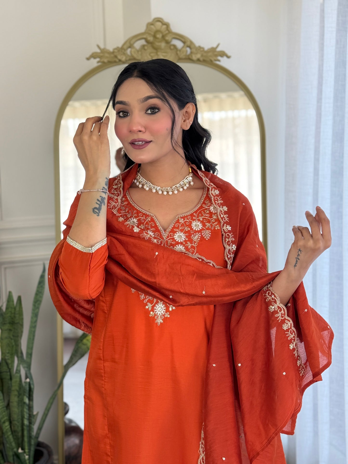 Zehra Rust Orange Embroidered Festive Suit Set