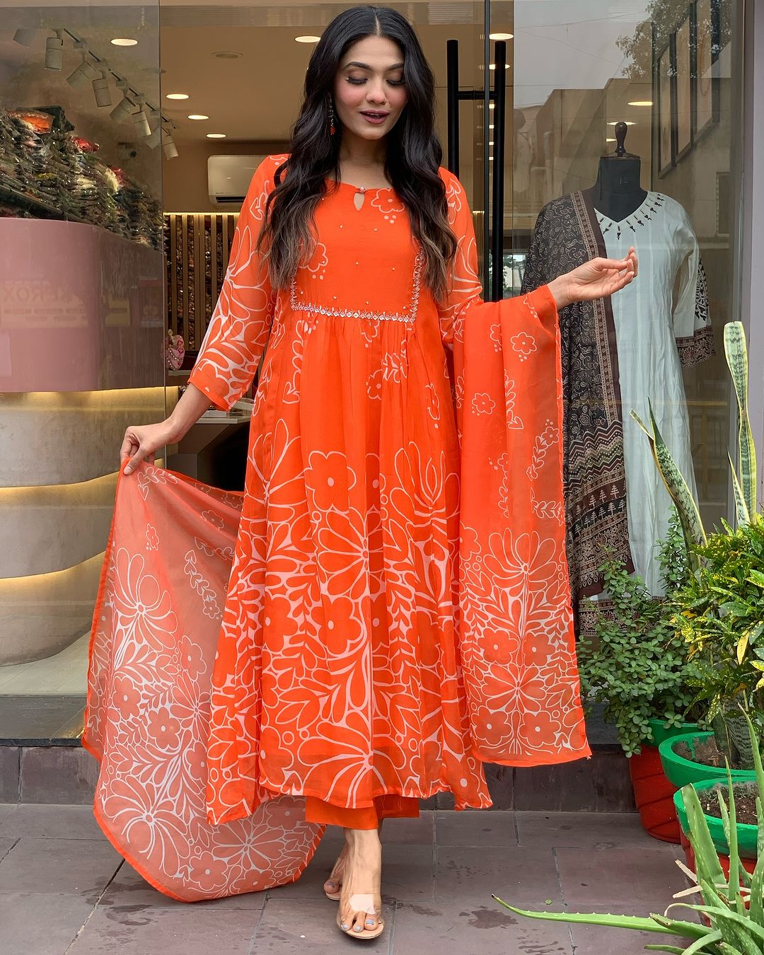 Sitara Orange Handblock Anarkali Suit Set