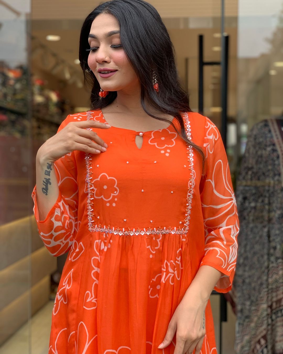 Sitara Orange Handblock Anarkali Suit Set