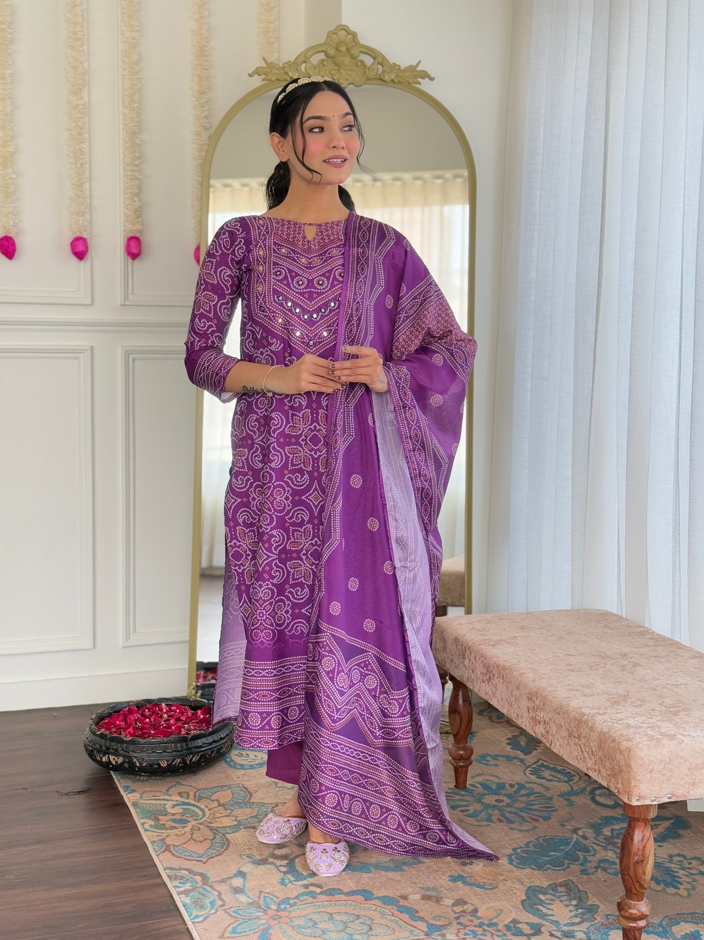 Gulnaar Purple Bandhani Mirrorwork Suit Set