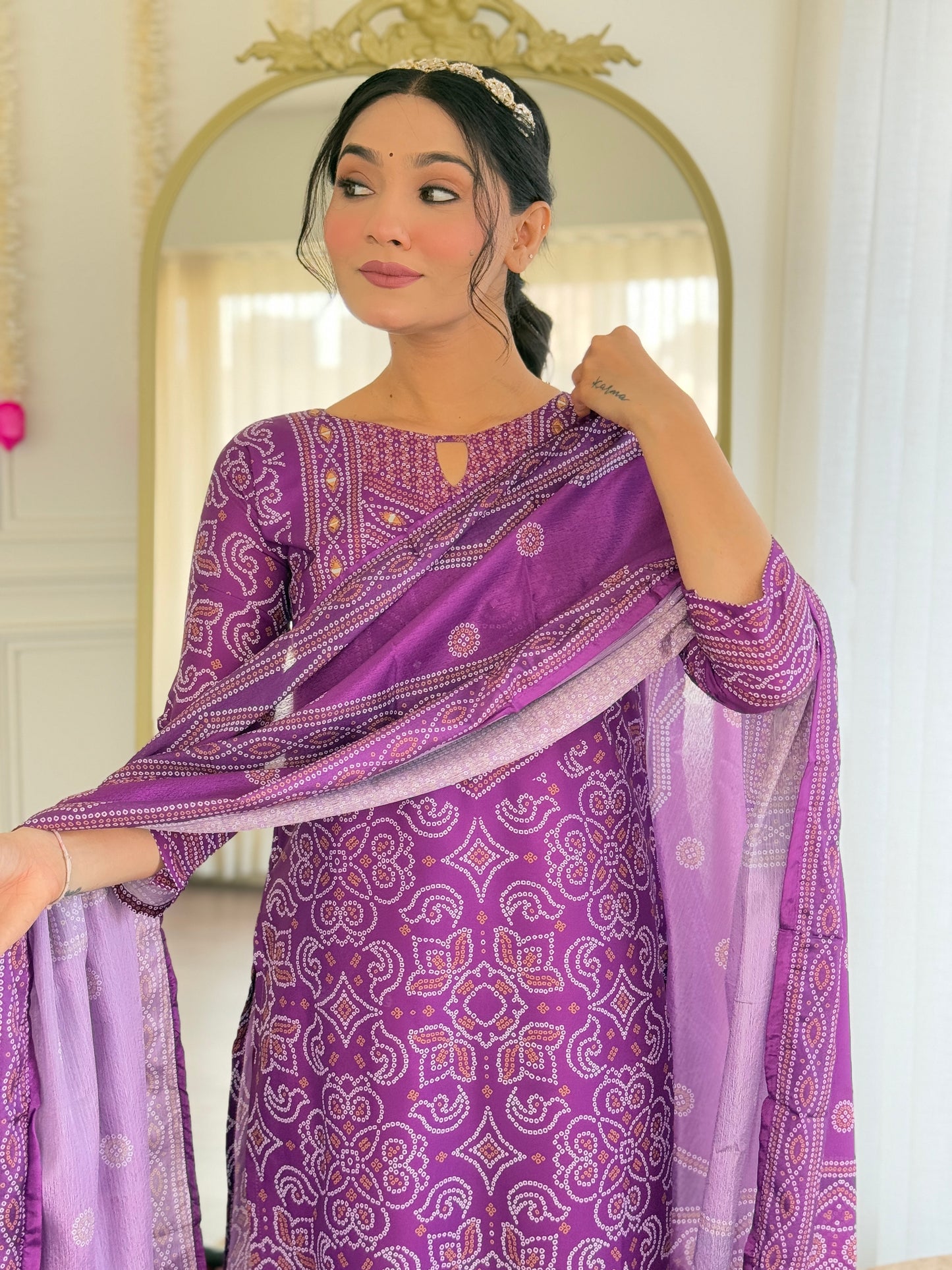Gulnaar Purple Bandhani Mirrorwork Suit Set