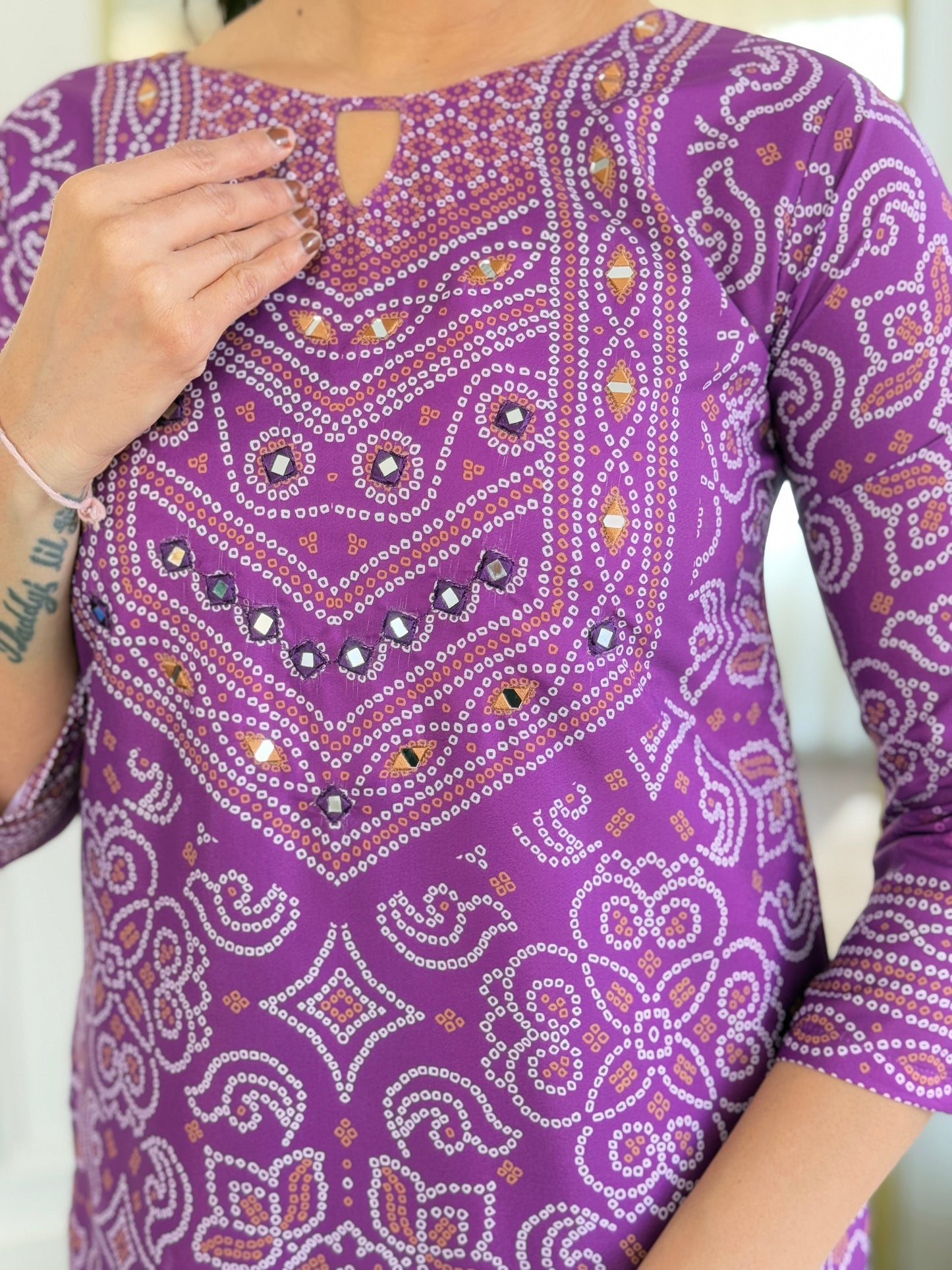 Gulnaar Purple Bandhani Mirrorwork Suit Set