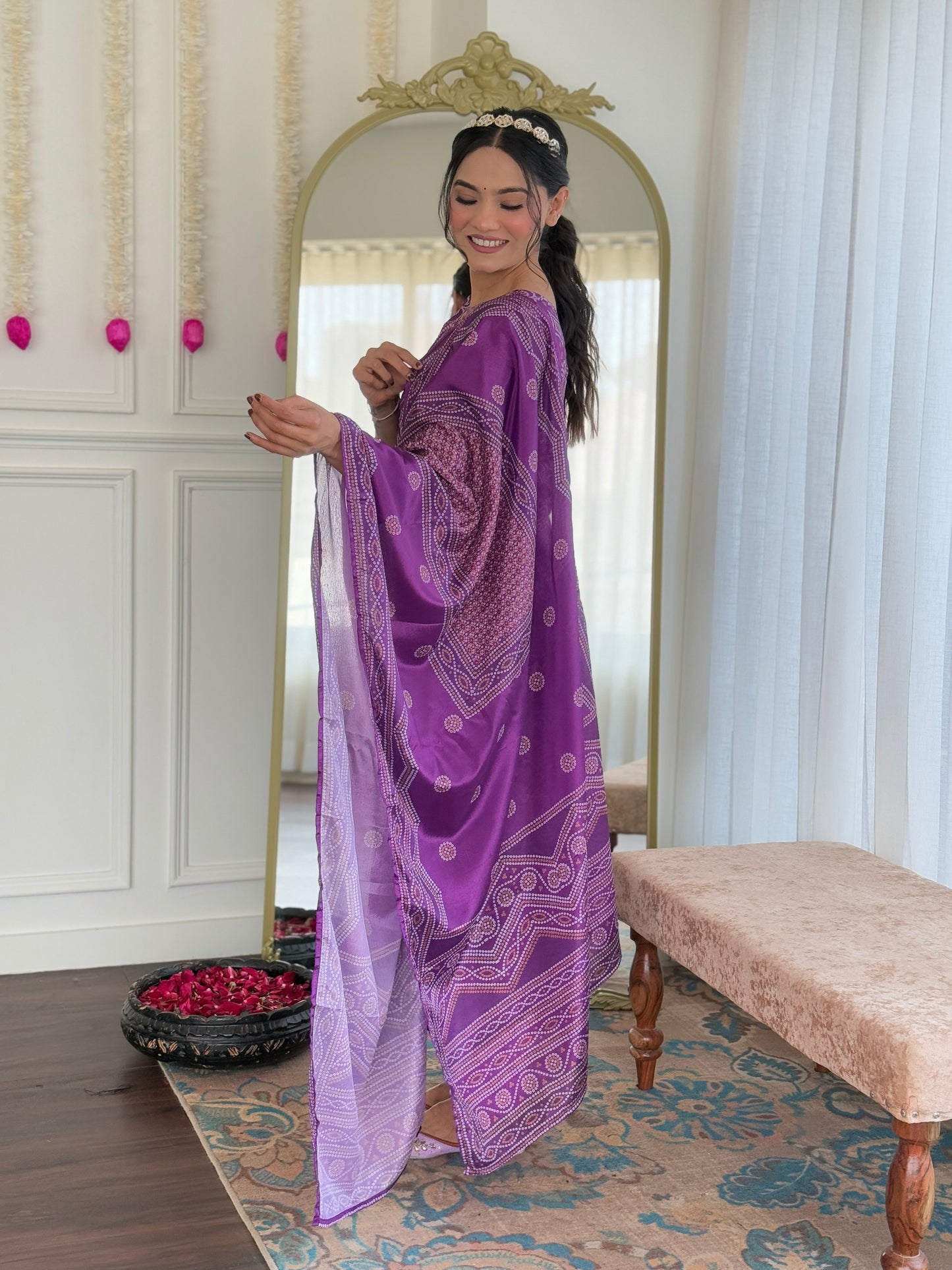 Gulnaar Purple Bandhani Mirrorwork Suit Set