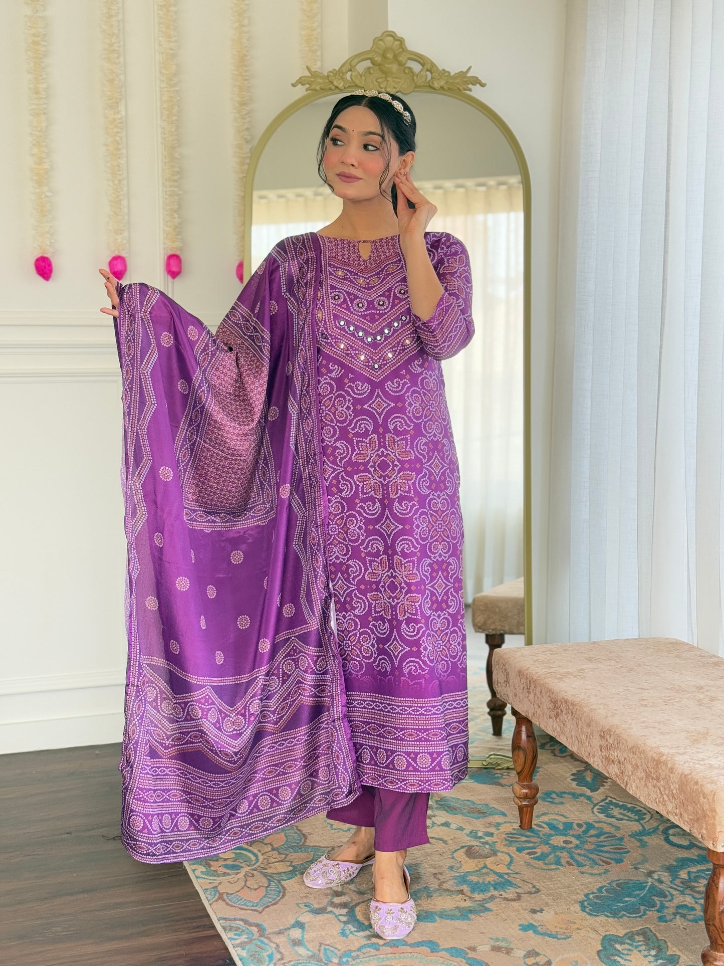 Gulnaar Purple Bandhani Mirrorwork Suit Set