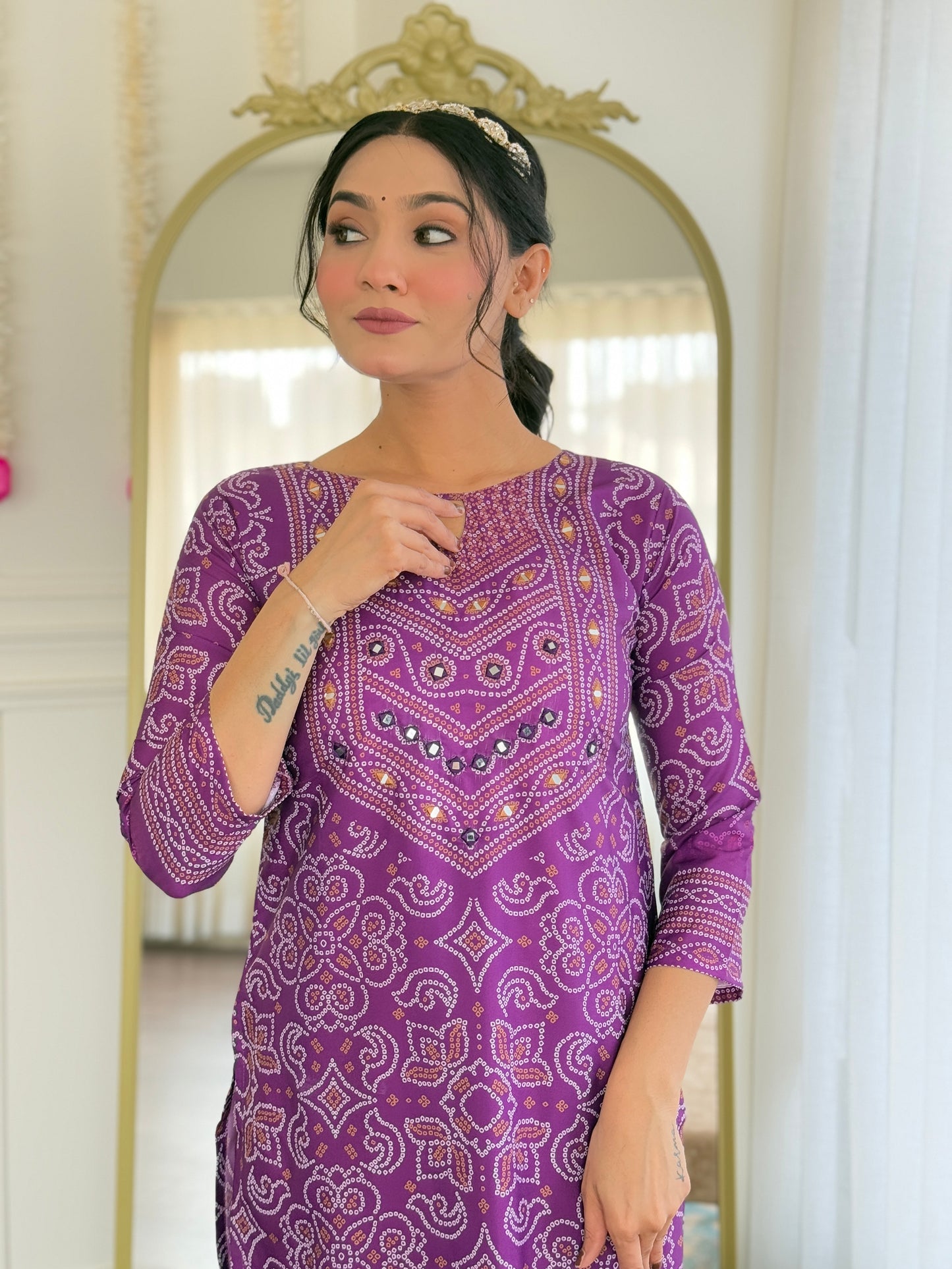 Gulnaar Purple Bandhani Mirrorwork Suit Set