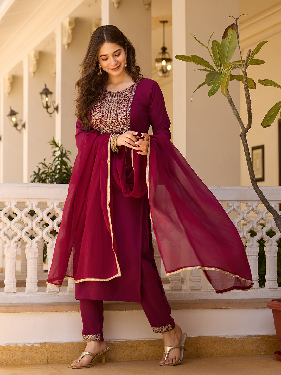 Maroon Embroidered Festive Suit Set