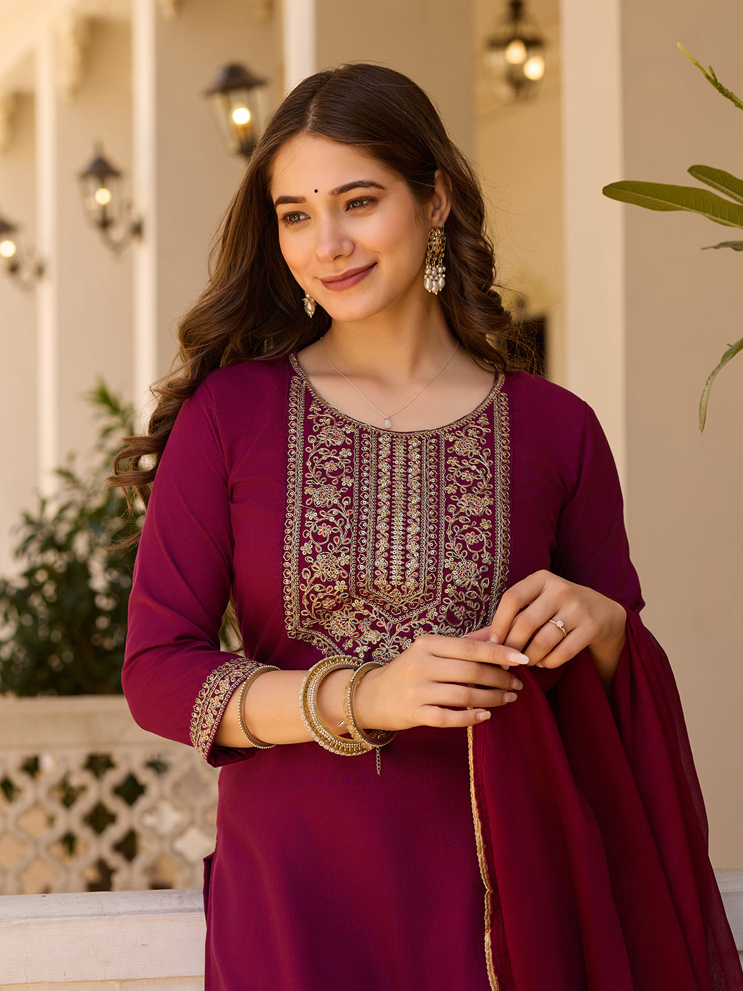 Maroon Embroidered Festive Suit Set
