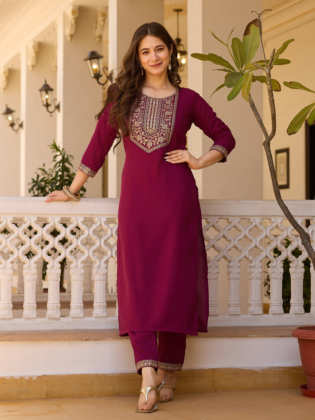 Maroon Embroidered Festive Suit Set