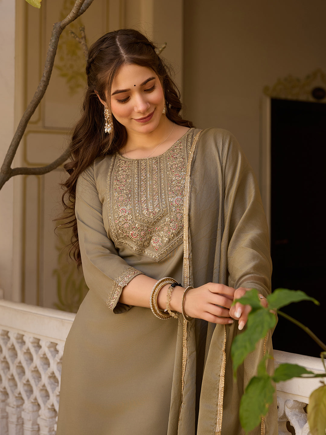 Olive Embroidered Elegance Suit Set
