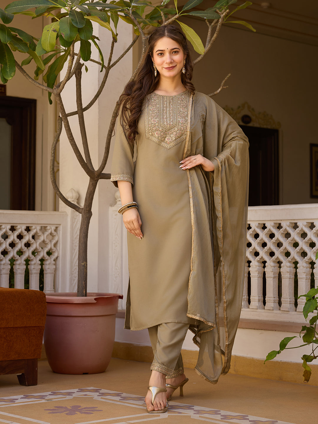 Olive Embroidered Elegance Suit Set