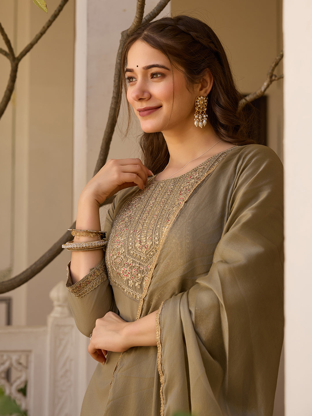 Olive Embroidered Elegance Suit Set