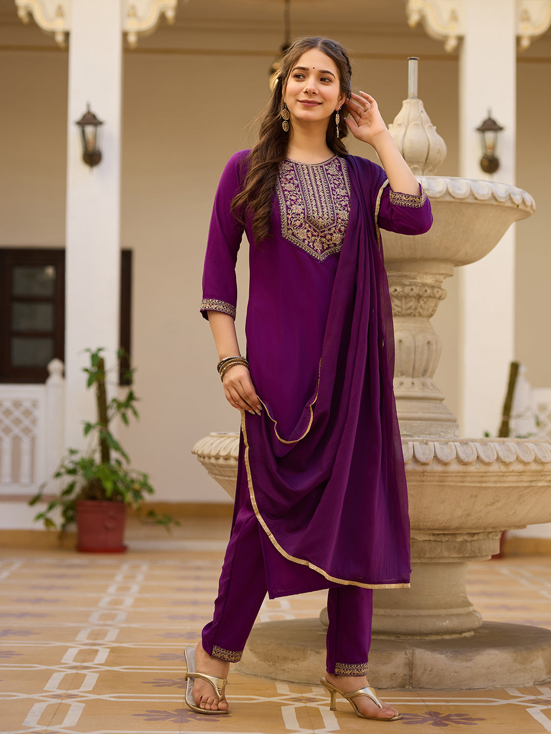 Royal Wine Embroidered Grace Suit Set