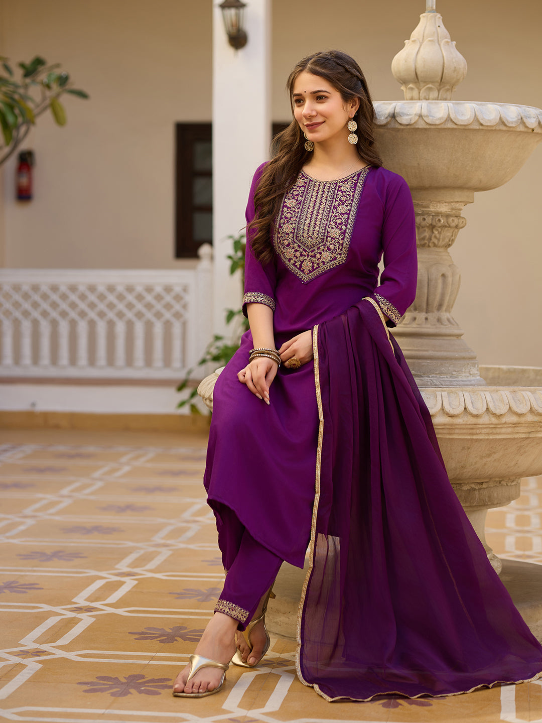 Royal Wine Embroidered Grace Suit Set