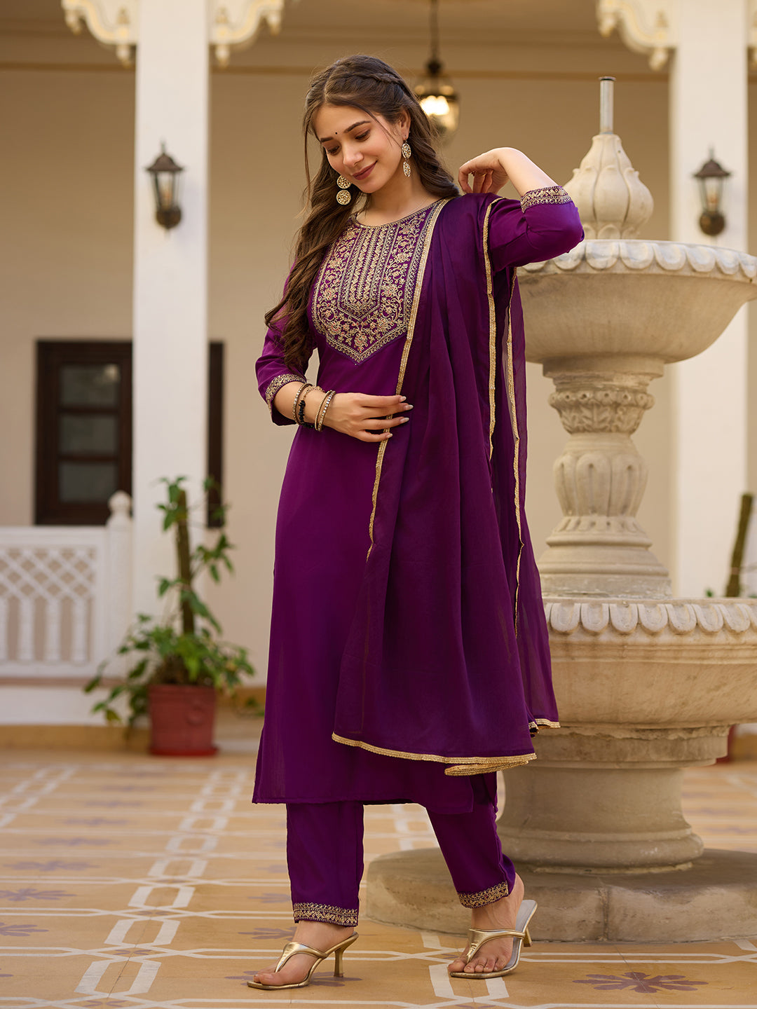 Royal Wine Embroidered Grace Suit Set