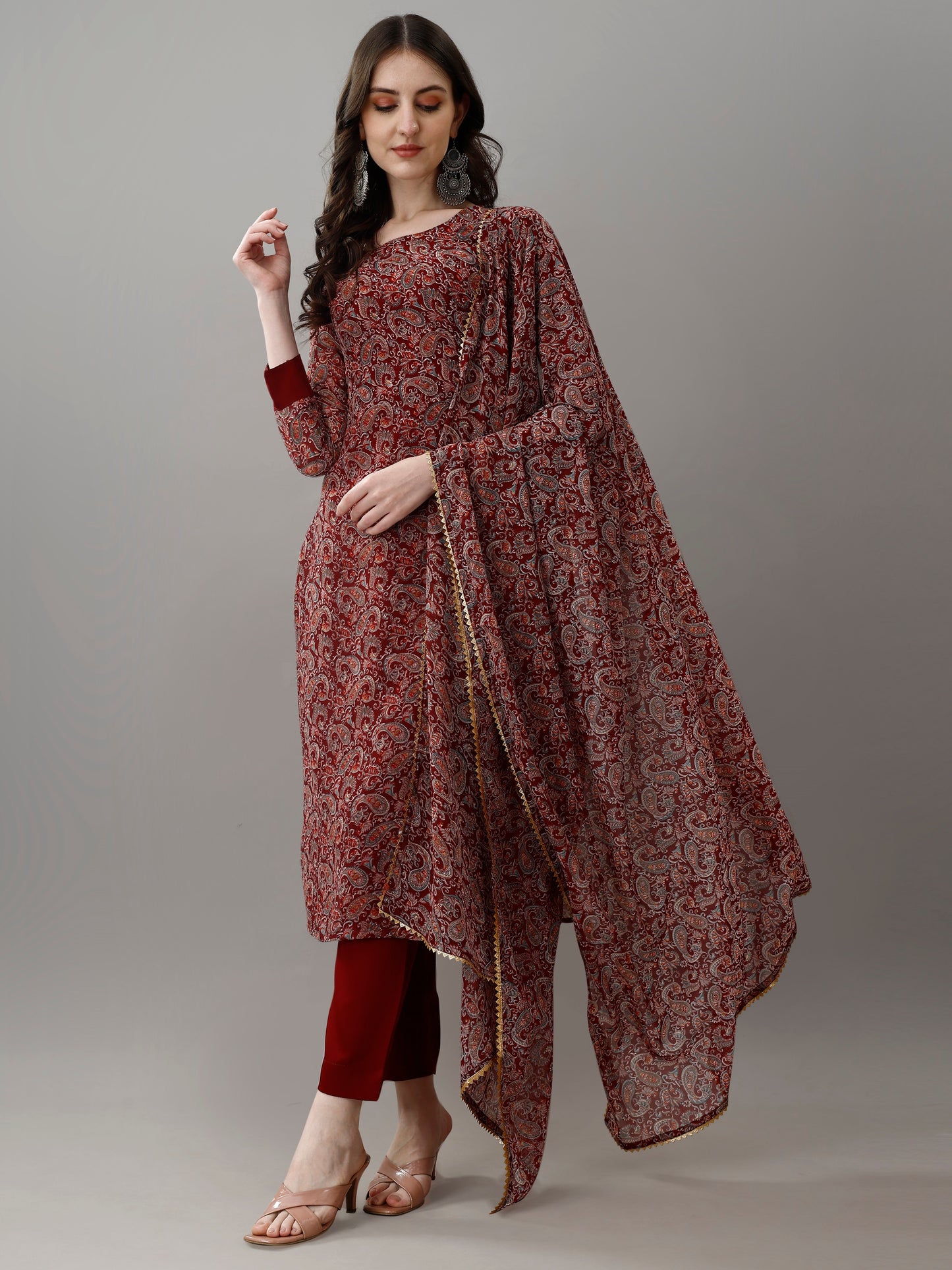 Zeenat Maroon Paisley Print Suit Set