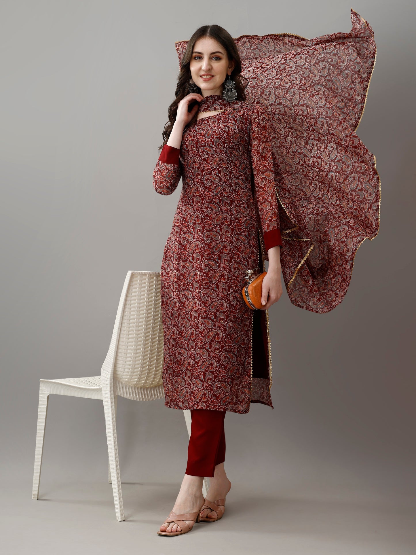 Zeenat Maroon Paisley Print Suit Set