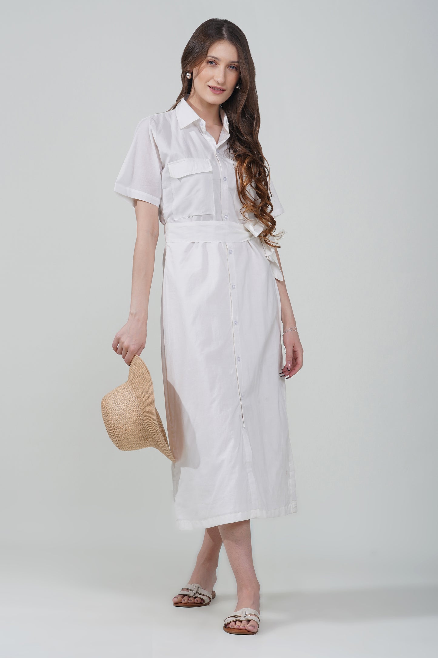 Ivory Belted Shirt Dress