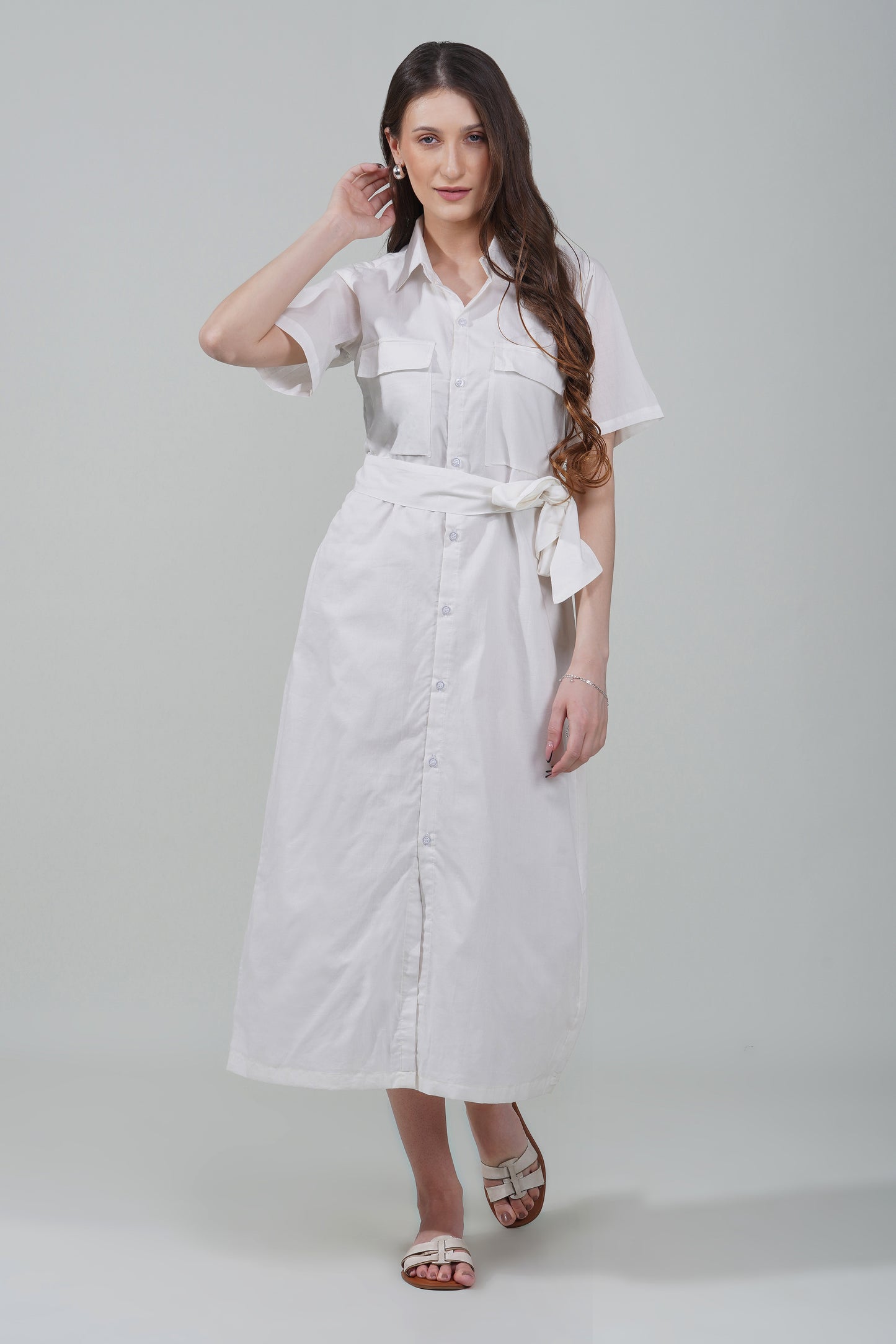 Ivory Belted Shirt Dress