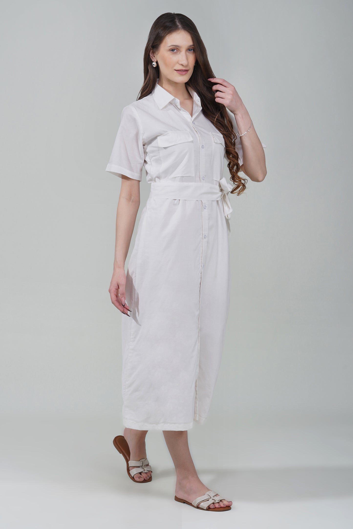 Ivory Belted Shirt Dress
