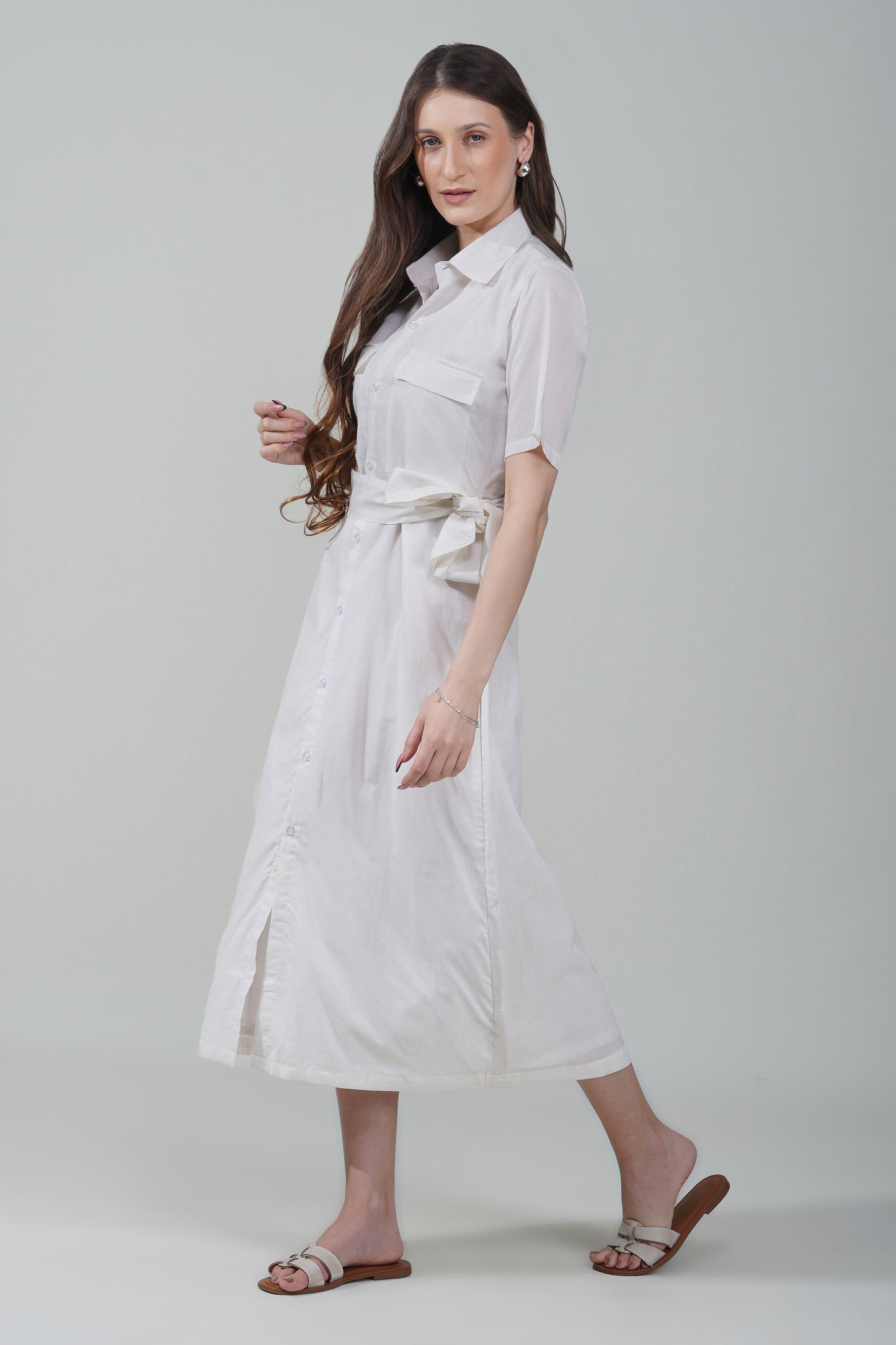Ivory Belted Shirt Dress