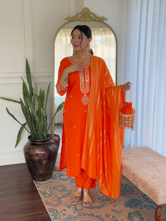 Sitara – Fiery Orange Mirror Embroidered Kurta Set