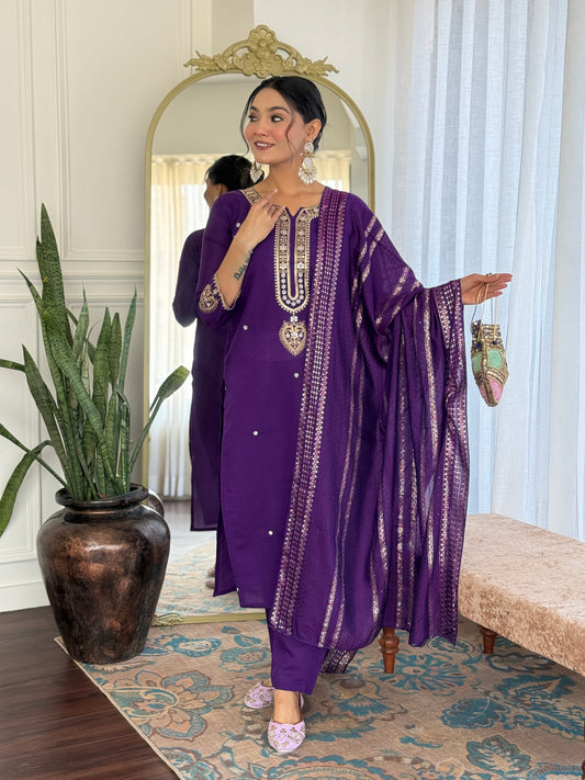 Noor – Royal Purple Mirror Embroidered Kurta Set