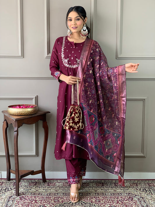 Gulnaz Embroidered Maroon Suit Set