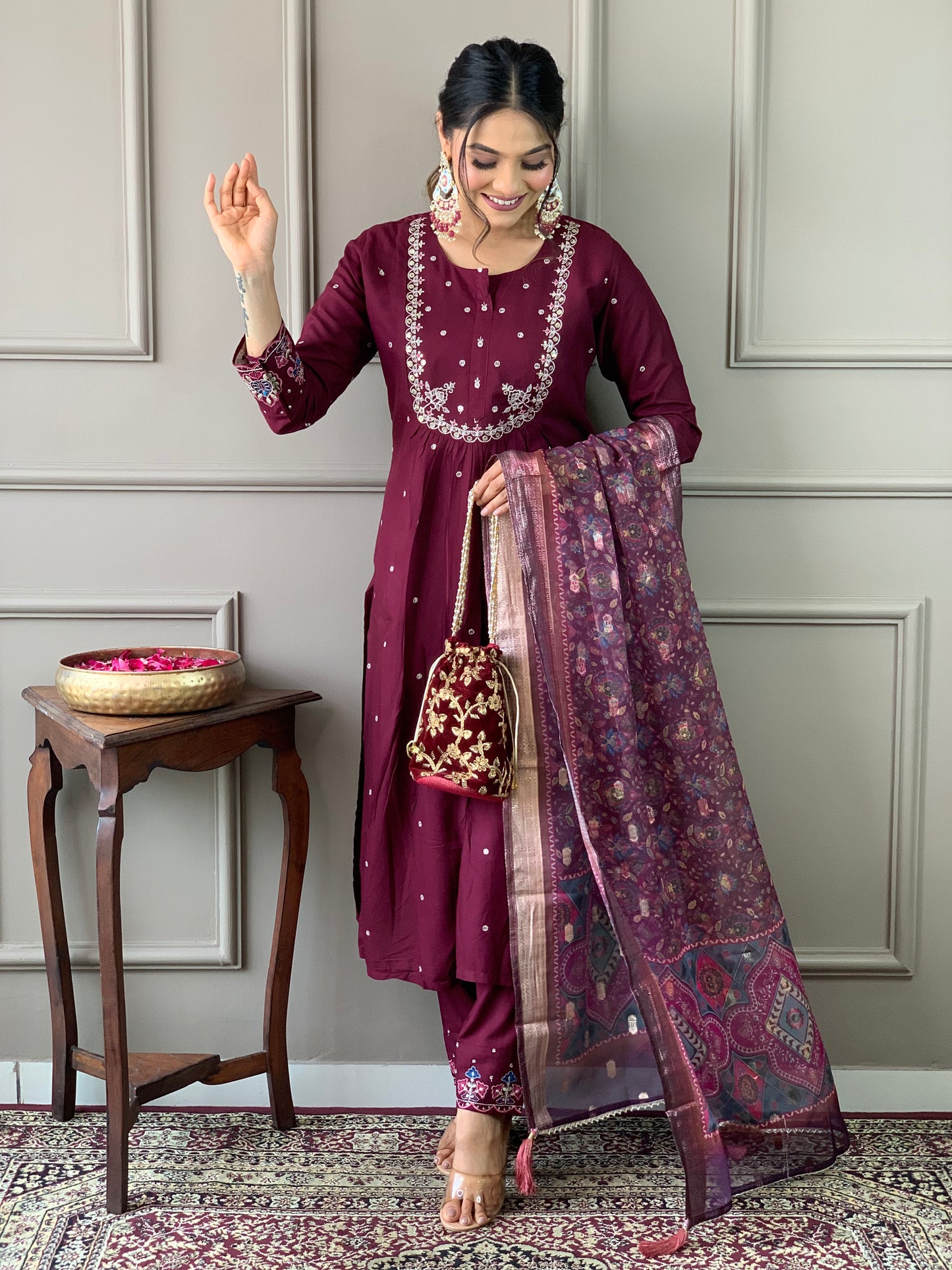 Gulnaz Embroidered Maroon Suit Set
