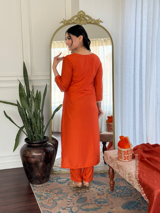 Zehra Rust Orange Embroidered Festive Suit Set