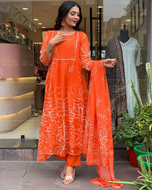 Sitara Orange Handblock Anarkali Suit Set