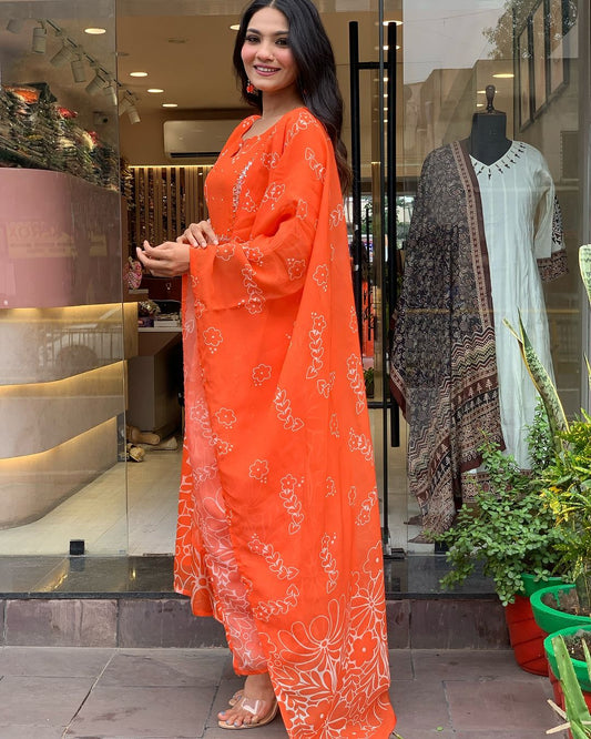 Sitara Orange Handblock Anarkali Suit Set