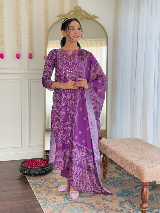 Gulnaar Purple Bandhani Mirrorwork Suit Set