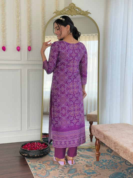Gulnaar Purple Bandhani Mirrorwork Suit Set