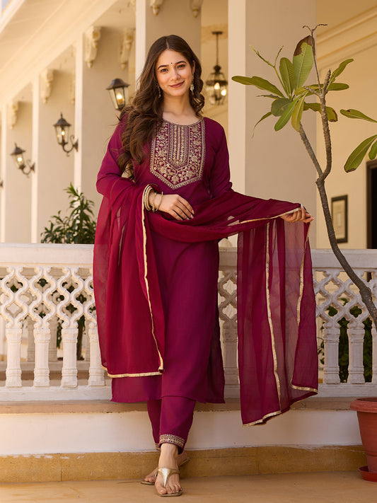 Maroon Embroidered Festive Suit Set