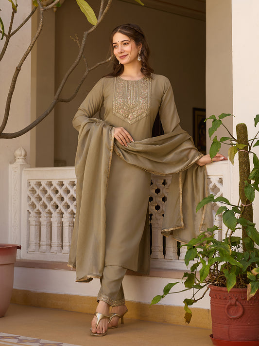 Olive Embroidered Elegance Suit Set