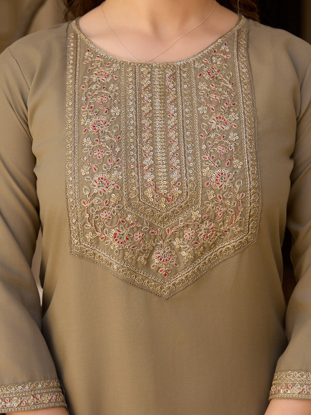 Olive Embroidered Elegance Suit Set