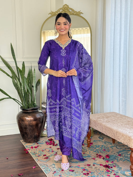 Gulzaar – Royal Purple Bandhej Kurta Set